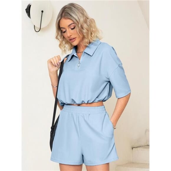 BLUE- 2 Piece Half Zip Summer Short Sets Sweatsuits Short Sleeve Crop Tracksuit - Picture 3 of 6
